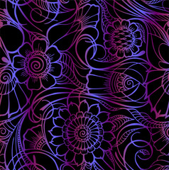 purple blue iridescent seamless pattern on black background, floral repeating pattern, oriental motifs, mahendi