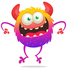 Funny cartoon smiling monster creature. Halloween Illustration of happy alien character. Vector isolated