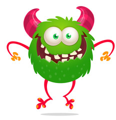 Funny cartoon smiling monster creature. Halloween Illustration of happy alien character. Vector isolated