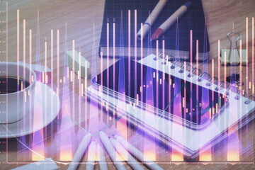 Double exposure of forex chart drawing and cell phone background. Concept of financial trading