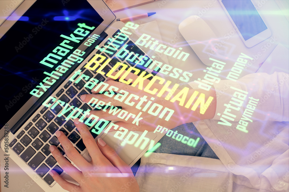Aufkleber double exposure of woman hands working on computer and blockchain theme hologram drawing. top view. 