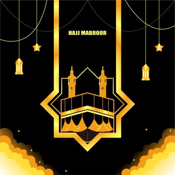 Kaaba with golden star frame and cloud layer at the bottom on a black background is good for greeting cards and Instagram posts themed Hajj Mabrur and Hajj Mubarok