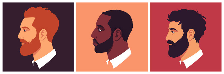Set of bearded men faces with different haircuts, mustaches, beards in profile. Abstract male portrait, face side view. Head of bearded businessman. Stock vector illustration in flat style. 