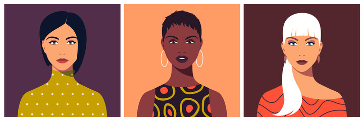 Set of young women. Abstract female portrait, full face. Avatar of girl for social networks. Stock vector illustration in flat style.