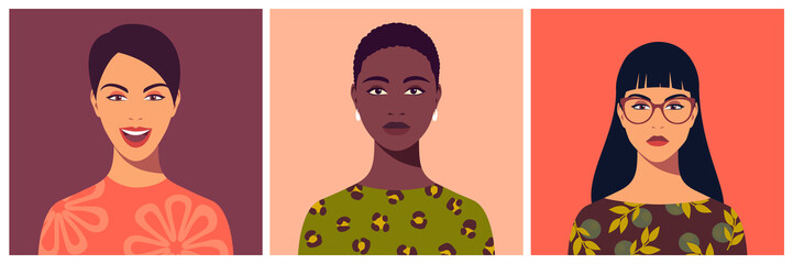 Set of young women. Abstract female portrait, full face. Avatar of girl for social networks. Stock vector illustration in flat style.
