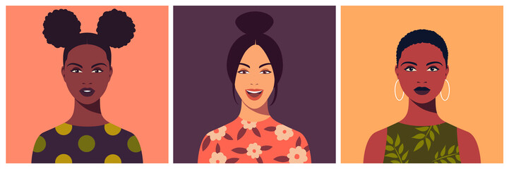Set of young women. Abstract female portrait, full face. Avatar of girl for social networks. Stock vector illustration in flat style.