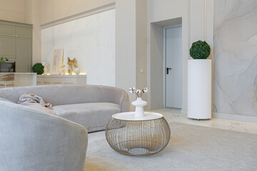 the latest fashion home trends in an ultra modern elegant interior of a cozy studio in soft pastel colors with a kitchen and living area