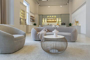 the latest fashion home trends in an ultra modern elegant interior of a cozy studio in soft pastel...