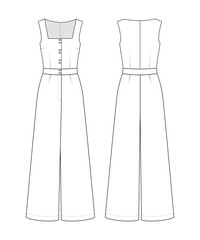 Fashion technical drawing of sleeveless jumpsuit with square neckline 