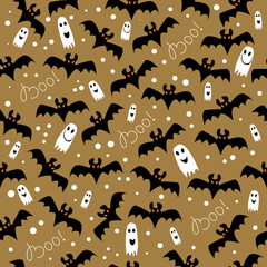 Seamless pattern of cute bats, cute ghosts and and hand lettering boo on a brown background. Vector illustration for Halloween.