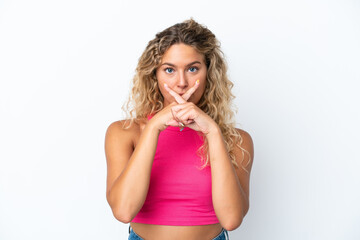 Girl with curly hair isolated on white background showing a sign of silence gesture