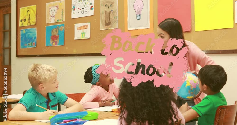 Poster Animation of back to school text over caucasian female teacher talking with diverse schoolchildren