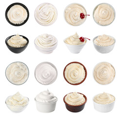 Set with delicious fresh whipped cream on white background