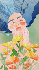 An author's illustration depicting a beautiful girl with blue hair wrapped in orange flowers. Using a watercolor effect.