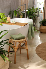 Modern white tub and beautiful green houseplants in bathroom. Interior design