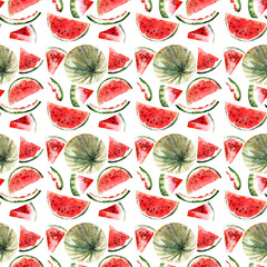 Seamless pattern of watermelon isolated on the white background. Watercolor drawing of big berry. Hand painted illustration of food for fabric