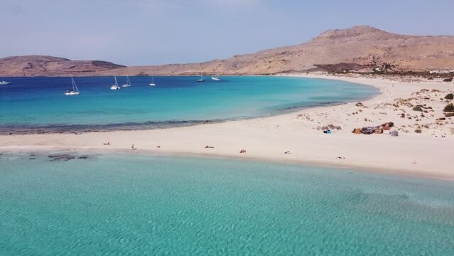 People Relax at White Sandy Beach at Elafonisos, Peloponnese, Greece - Aerial