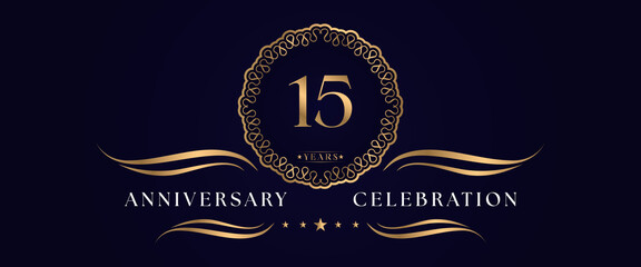 15 years anniversary celebration with elegant circle frame isolated on dark blue background. 15 years Anniversary logo. Vector design for greeting card, birthday party, wedding, event party, ceremony.
