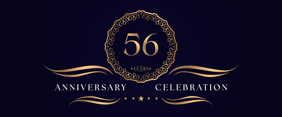 56 years anniversary celebration with elegant circle frame isolated on dark blue background. 56 years Anniversary logo. Vector design for greeting card, birthday party, wedding, event party, ceremony.