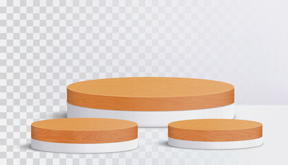 Wood round podium on transparent background for cosmetic product presentation. 3d geometric pedestal vector.

