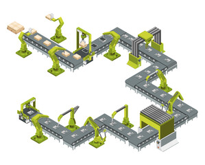Automatic factory with conveyor line and robotic arms. Assembly process. Vector illustration
