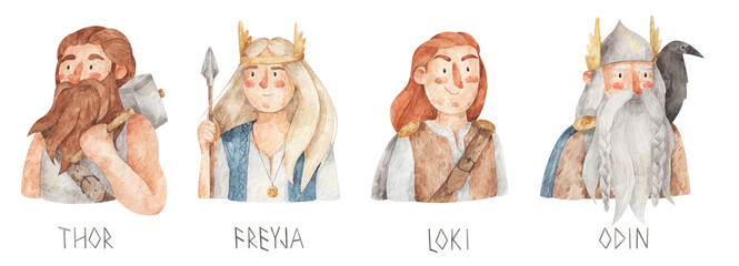 Norse mythology, gods and goddess - Thor, Freya, Loki, Odin. Watercolor hand-drawn illustration. Scandinavian gods - obrazy, fototapety, plakaty