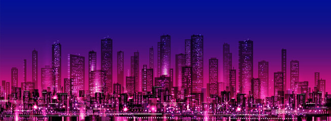 Plakat Night City background with architecture, skyscrapers, megapolis, buildings, downtown.