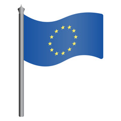 Flag of the European Union. Vector illustration. The fabric canvas is decorated with twelve stars in a circle. The national symbol of the states develops in the wind. Flat style. Isolated background. 