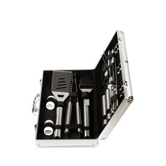 New barbecue set with skewers, forks and knives in an aluminum suitcase with a handle on a white...