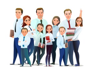 Fototapeta na wymiar Family of Successful businessman. Cheerful persons in standing pose. Man and women with kids in business shirt tie. Cartoon comic style flat design. Separate character. Illustration isolated. Vector