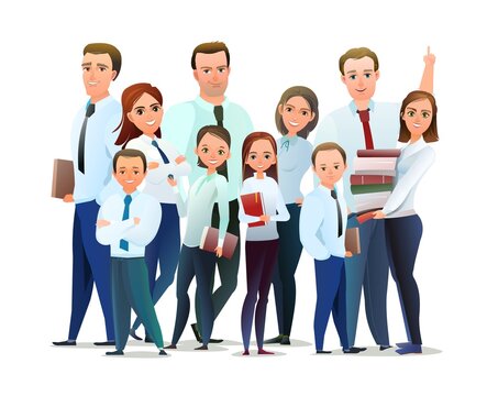 Family of Successful businessman. Cheerful persons in standing pose. Man and women with kids in business shirt tie. Cartoon comic style flat design. Separate character. Illustration isolated. Vector