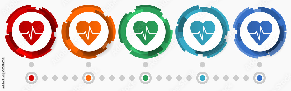 Poster Heart, pulse, cardiogram concept vector icon set, modern design abstract web buttons in 5 color options, infographic template