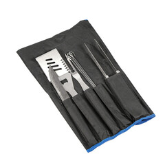 New barbecue set with skewers, forks and knives in a fabric case with a handle on a white background