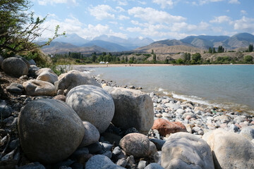 South coast of Issyk-Kul lake. beautiful Tamga Bay. Travel around Kyrgyzstan
