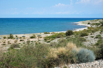 South coast of Issyk-Kul lake. beautiful Tamga Bay. Travel around Kyrgyzstan