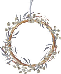 Watercolor eucalyptus wreath frame clipart, winter cotton flower bouquet wreath illustration isolated on white background. Floral clipart for wedding invitation, sublimation, greeting cards