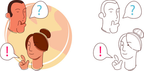 vector illustration color a couple of people on a yellow background and line vector illustration. Man asking questions and girl answers
