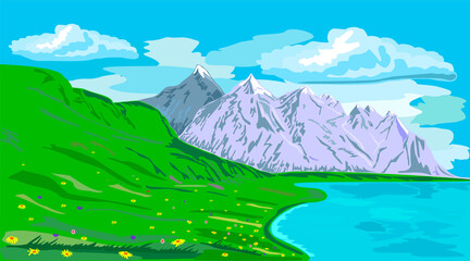 Green meadows, lake, with mountains landscape. Cartoon panorama of spring and summer nature, green meadows meadows with flowers, picturesque blue lake, mountains. Mountain lake landscape vector