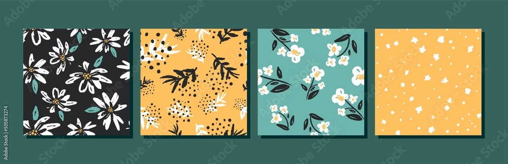 Wall mural Set of abstract floral seamless patterns with flowers and leaves. Fashionable hand-drawn textures. Modern abstract design for paper, cover, fabric and other users