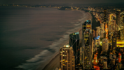 Surfers Paradise city skyline illuminated at night, Gold Coast, Australia 