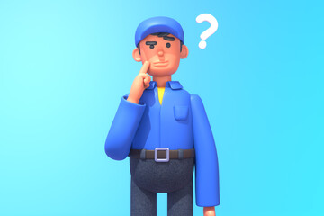 3d render of mechanic, courier or construction worker thinking, making decision