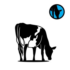 holstein cow daity logo, silhouette of black and grat cattle eating grass vector illustrations - obrazy, fototapety, plakaty