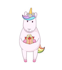 Cute cartoon unicorn with gift box