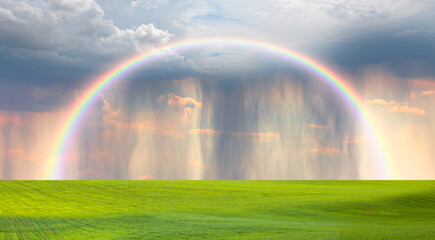 Beautiful landscape view of green grass field with amazing rainbow - Aerial view of rain above...