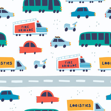 Vector seamless cartoon pattern with vehicle - car, bus, taxi, moto, fire engine, truck. Cute childish background.