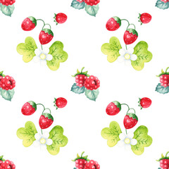 Watercolor strawberry and raspberry seamless pattern, berry background.