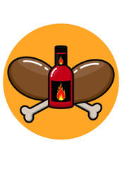 Chicken thigh isolated icon. Bottle of hot sauce.