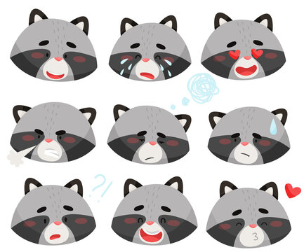 Emoji set of raccoons with different emotions. Drawn in cartoon style. Vector illustration for designs, prints and patterns. Isolated on white background