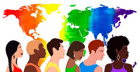 people from different ethnic groups in rainbow-colored clothes. LGBT community. Human rights. LGBTQ. Flat illustration with map. pride month.