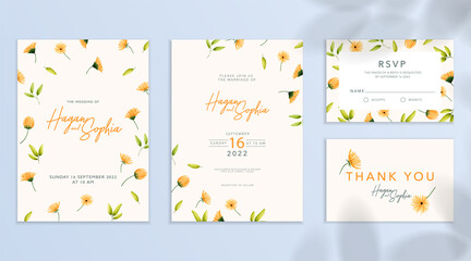 Wedding invitation card set template with beautiful yellow flowers and leaves watercolor